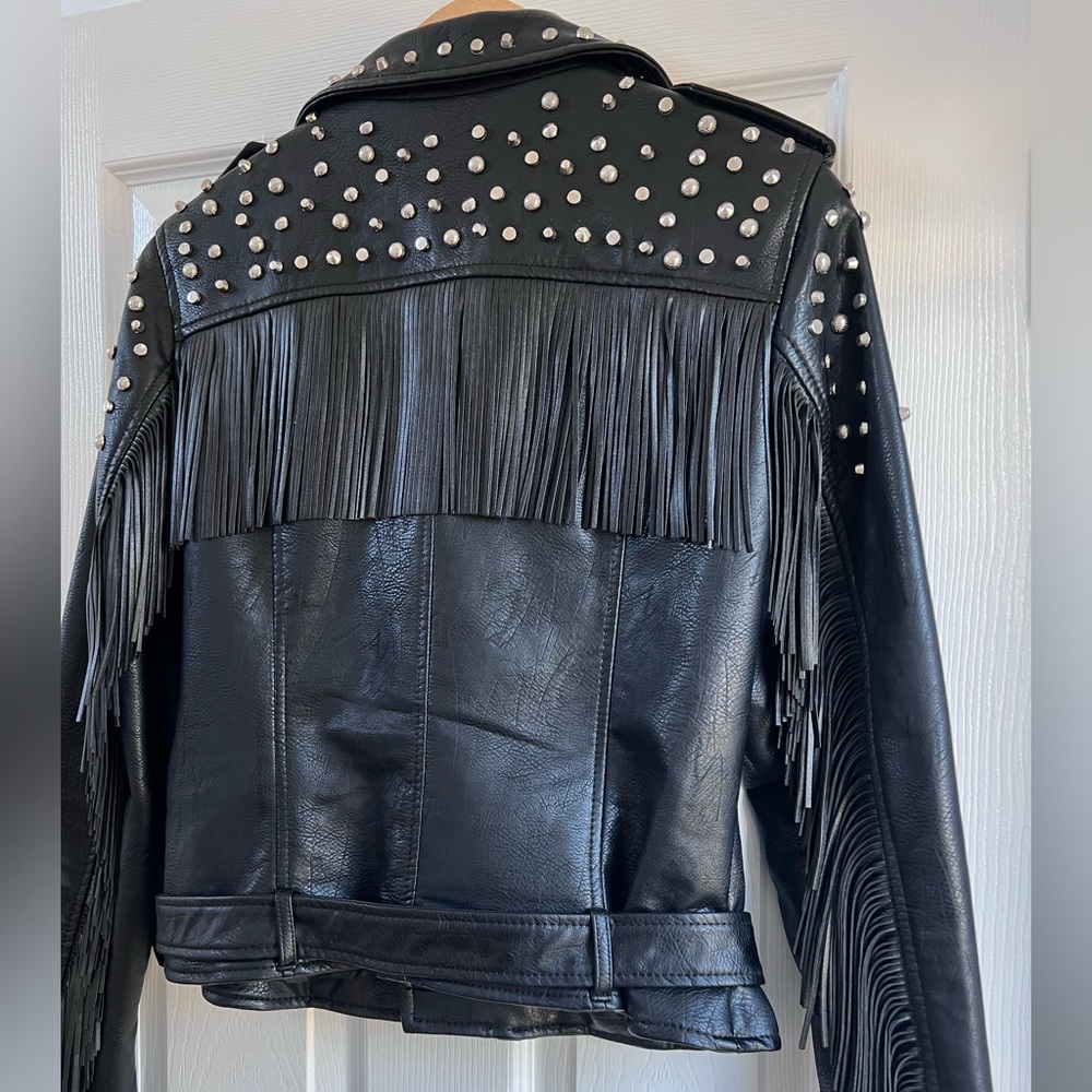 PINK ROSE Black Studded Fringe Leather Moto Jacket - Picture 8 of 10